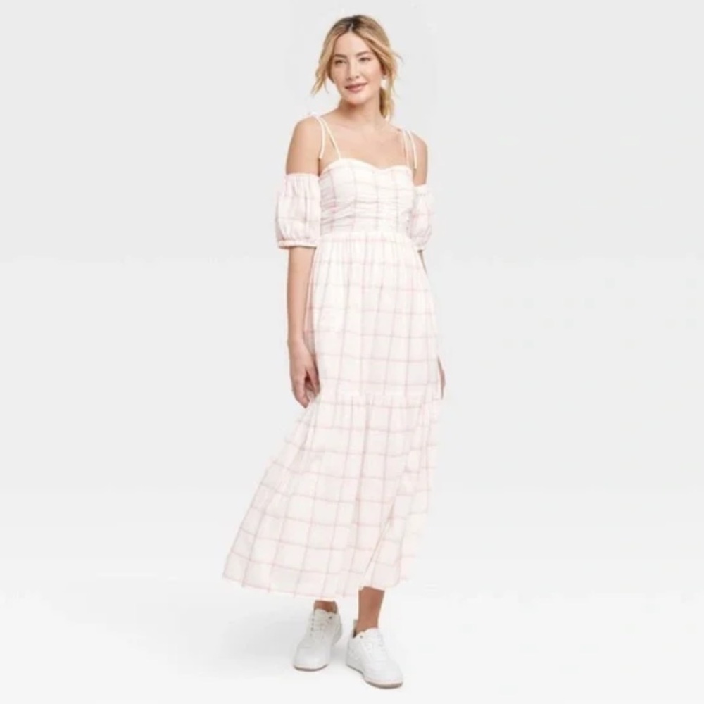 Elegant Pink Plaid Off-Shoulder Dress